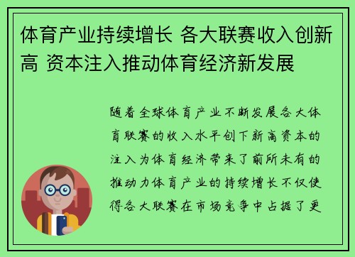 体育产业持续增长 各大联赛收入创新高 资本注入推动体育经济新发展